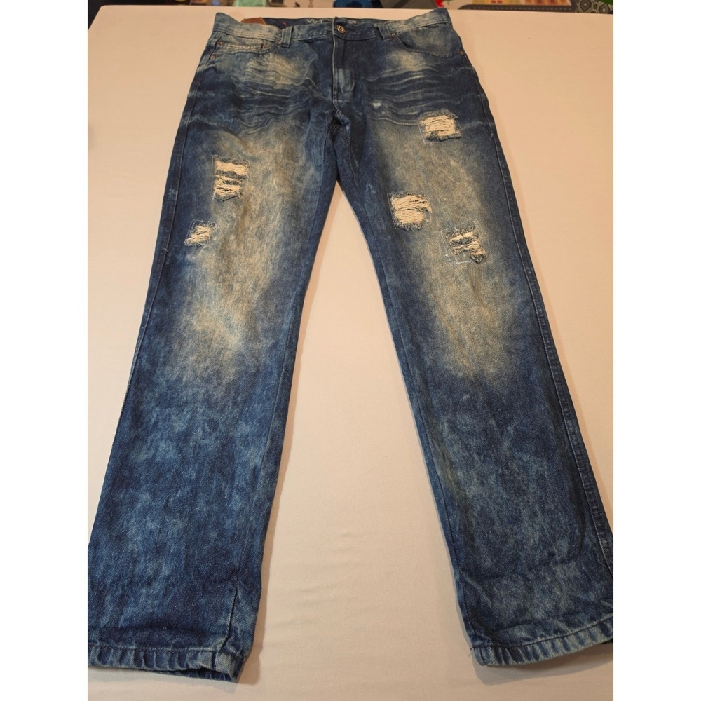 WT02 Mens Distressed Acid Wash Straight Leg Jeans Blue 36x32 Streetwear Denim
